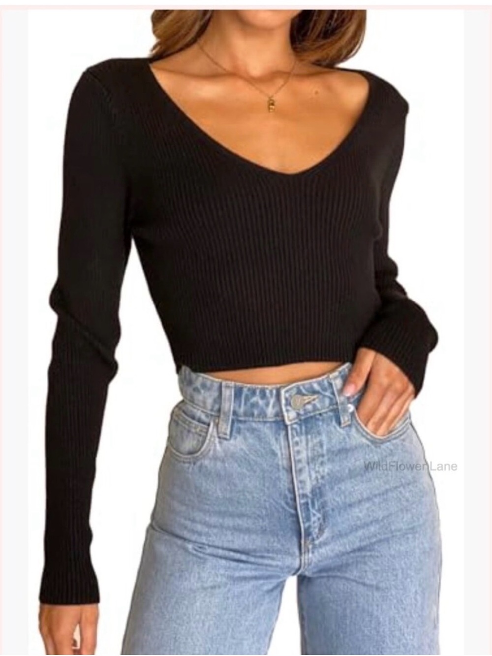 Zenana Outfitters Black Ribbed V-Neck Cropped Long Sleeve Top